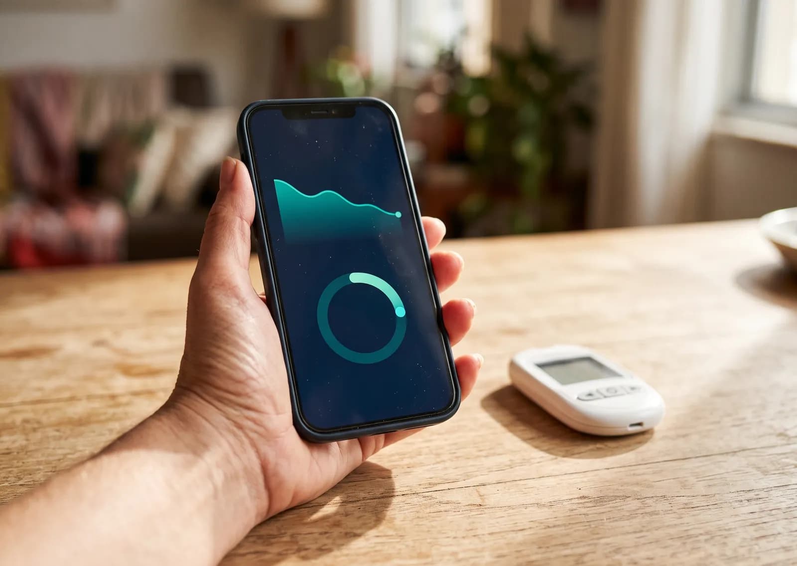 Aplicativo AraHealth com tendências de peso, glicemia e cetose ao lado de medidores e refeição saudável